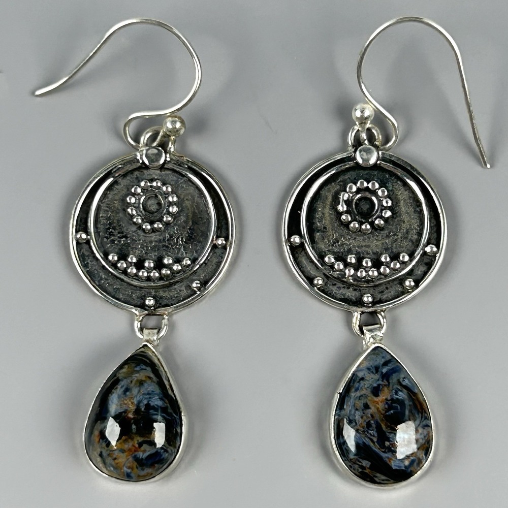 925 Sterling Silver Blue Pietersite Drop Earrings 12.45g Artisan Dangle